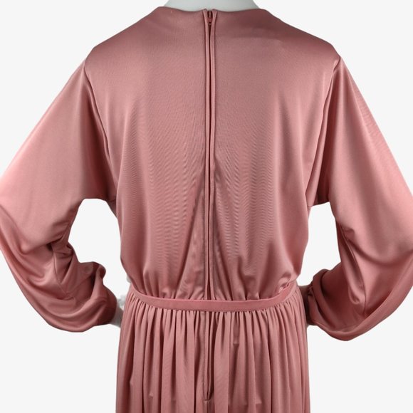 Vintage 1970s Rose Pink Slinky Maxi Dress Hostess Gown Grecian Drape Gathered M - Picture 12 of 14